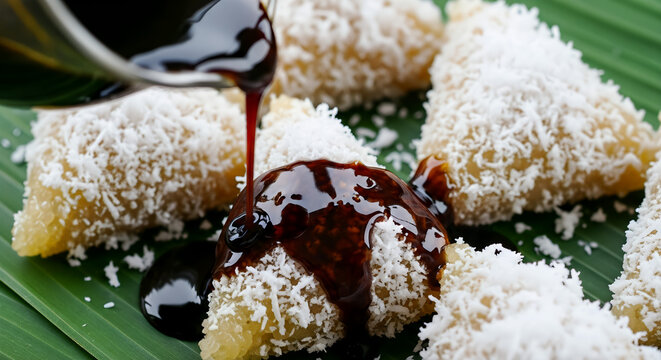 Traditional Indonesian Cenil with Grated Coconut and Palm Sugar Syrup on Banana Leaf