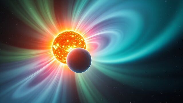 A painterly solar corona explosion with rippling aurora energy cascading toward a small blue planet.