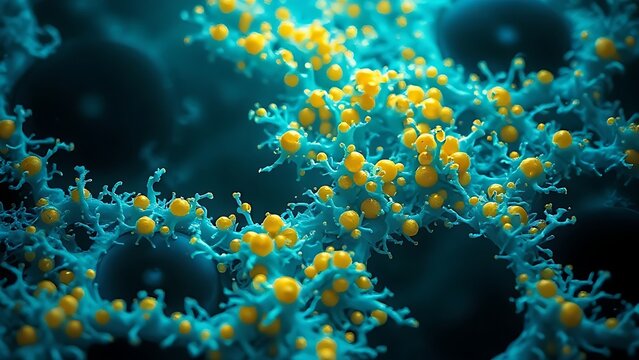 A macro view of an underwater microbial mat as a glowing, electric-blue mycelial network.