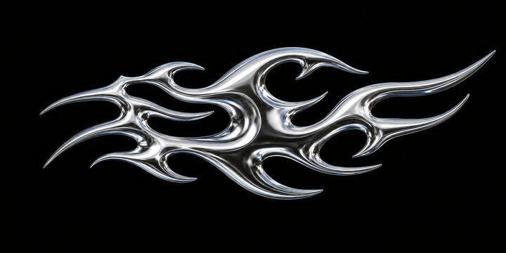 Stylized metallic flame graphic with sharp edges and a chrome-like finish evokes power and intensity against a dark background.