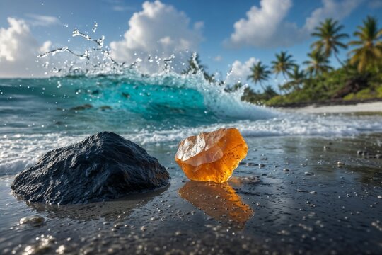 A clear golden nugget of raw ambergris resting on a sandy beach next to black volcanic rocks and tropical palm trees, with a turquoise sea wave splashing.