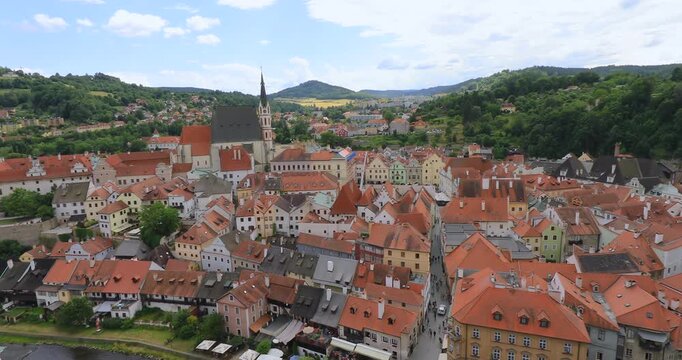 4k left to right panning motion of the UNESCO World Heritage Site of the historic town Center of Cesky Krumlov. Situated on the banks of the Vltava river, the town was built around a 13th-century