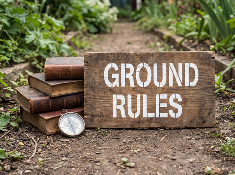 Ground rules sign establishing principles with vintage books and compass on a garden path, showing guidance and ethics