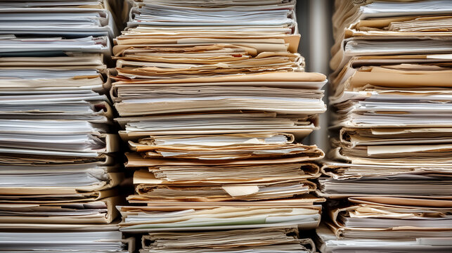 Stacks of old paper folders and business documents in archive storage, document management and paperwork overload concept, legal files, accounting records, corporate bureaucracy, o