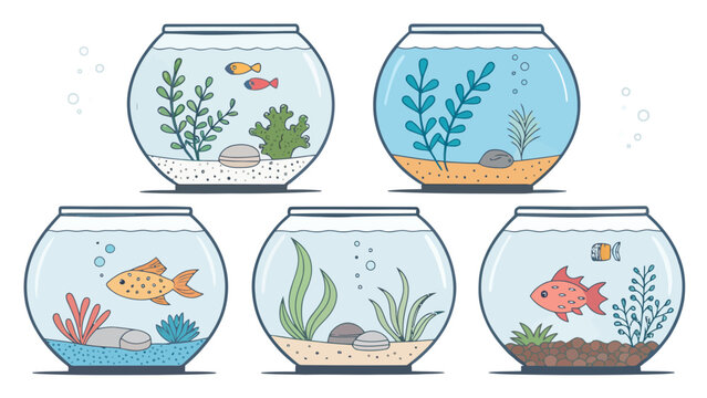 Set of cute fish bowls with different fish, plants and stones
