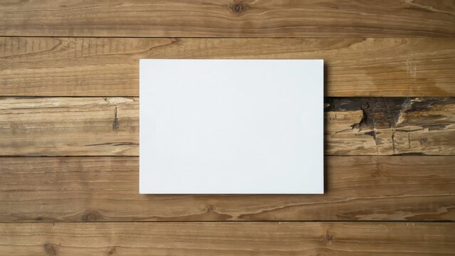 Top view of a blank white card mockup on a rustic brown wooden table background
