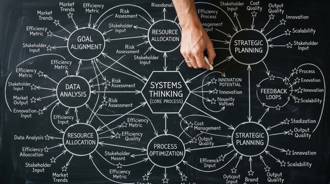 Systems thinking diagram drawn on chalkboard with hand and chalk for strategy and planning concepts