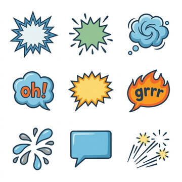 Collection of comic book speech bubbles and sound effects.