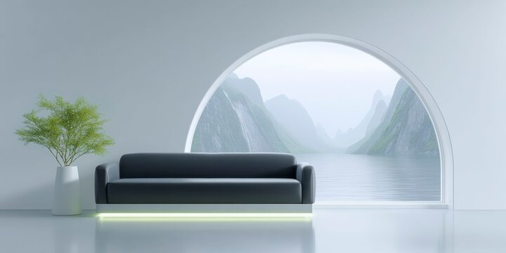 interior design, a futuristic living room with a black leather sofa and neon yellow lighting, white walls, a large arched window overlooking an alien landscape, sleek modern furniture