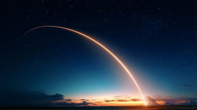 Rocket Trajectory Light Arc Across Twilight Starry Sky With Atmospheric Glow Space Launch Path Aerospace Technology And Future Mission Concept rocket trajectory, light trail, space