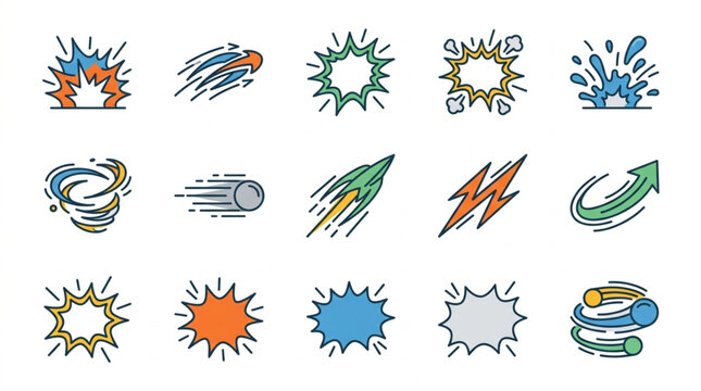 Collection of comic book style action and sound effect icons.