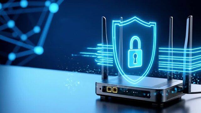 A holographic shield on router, critical digital privacy business element ensuring robust wireless network protection against cyber threats in secure blue environment