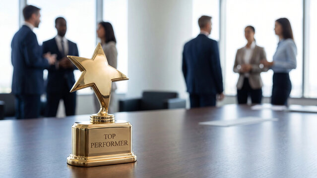 Top performer award trophy in corporate office conference room representing business excellence recognition program employee achievement leadership and outstanding professional performance