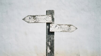 old weathered wooden signpost with two white painted arrows pointing in opposite directions on gray background © MuhammadMoinul