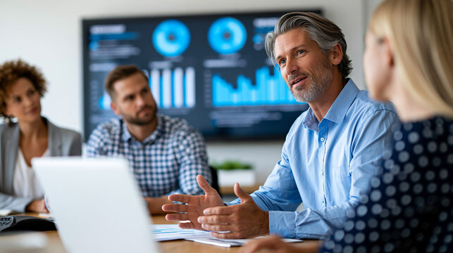 Anonymous marketing team reviewing customer lifetime value segmentation results on a large conference room screen, strategic business planning concept, faceless, defocused, with