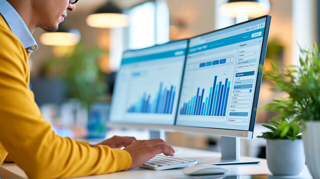 Anonymous data analyst creating a customer persona dashboard with behavioral segmentation filters on a dual monitor setup, digital marketing strategy concept, faceless, defocused