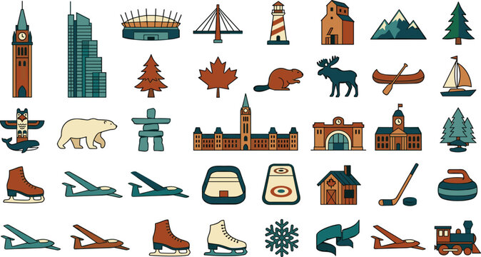 Canada travel and culture icon set with landmarks and wildlifeCanada travel and culture icon set with landmarks and wildlife