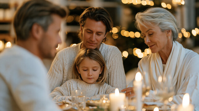 A family of three generations at a holiday gathering that has clearly turned tense, with two adults turned away from each other and grandma attempting to redirect the conversation