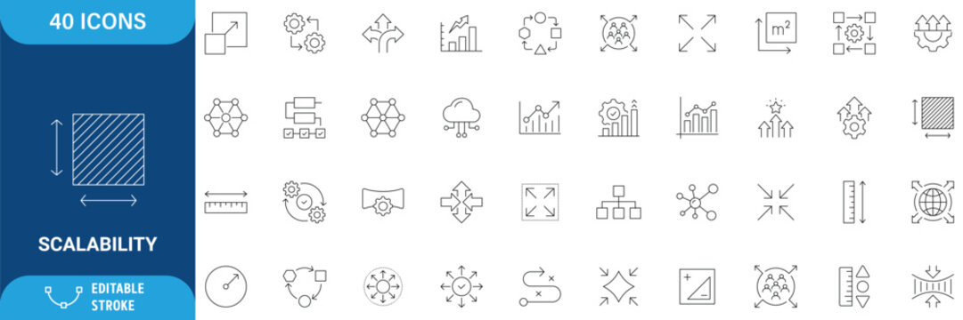 Scalability icon set. Containing expansion, scalable resize, growth, performance, capacity, adaptability, efficiency, and more. line Icon. Vector illustration. Editable stroke