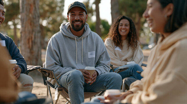Small group of adults seated in public park on folding chairs arranged in circle, name tags visible, holding coffee cups in casual outdoor atheist community meetup, trees in