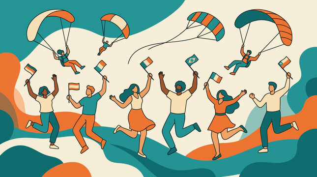 Diverse people celebrating with flags and paragliding, global unity, adventure, and freedom