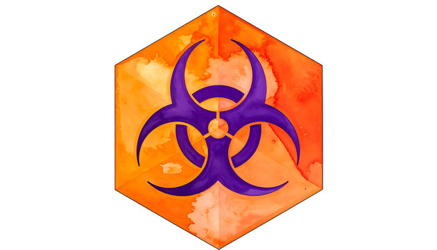 Biohazard symbol on watercolor hexagon, danger warning, biological threat hazard, warning sign