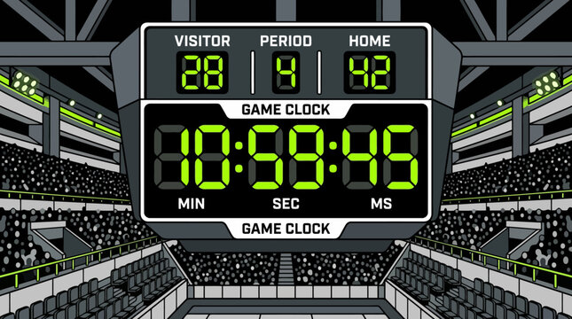 Digital sports scoreboard showing visitor score and time in a crowded stadium arena during a match