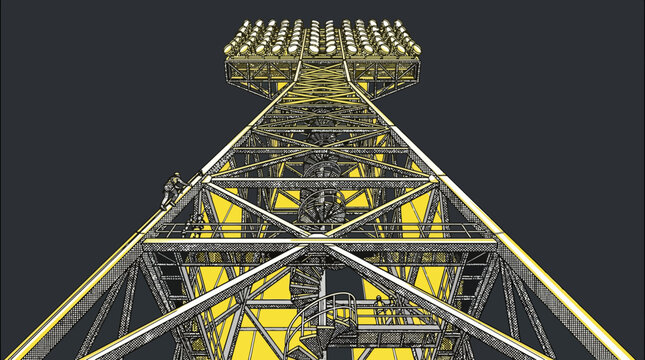 Maintenance worker climbing a stadium light tower for repair at night. Graphic illustration of a technician on a metal truss structure with floodlights.