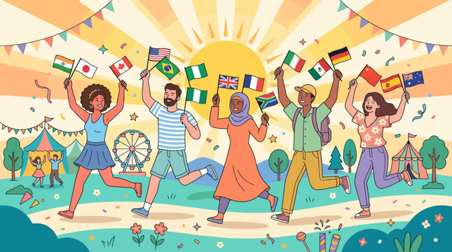 Diverse People Celebrate Unity Holding National Flags at Outdoor Festival