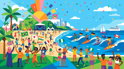 Obraz premium Multicultural crowd celebrating summer festival on beach with flags, surfing, and concert stage