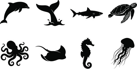 Vector silhouette collection of marine life and ocean animals featuring dolphin, shark, sea turtle, and octopus. © MdBabul
