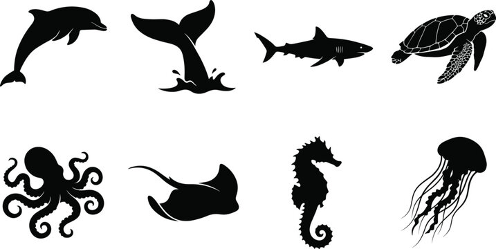 Vector silhouette collection of marine life and ocean animals featuring dolphin, shark, sea turtle, and octopus.