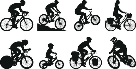 Obraz premium Set of diverse cyclist silhouettes riding various types of bicycles including mountain, road, BMX, and commuter bikes