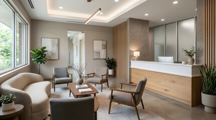 Fototapeta premium Elegant Dental Consultation Setting with Modern Interior and Soft Lighting