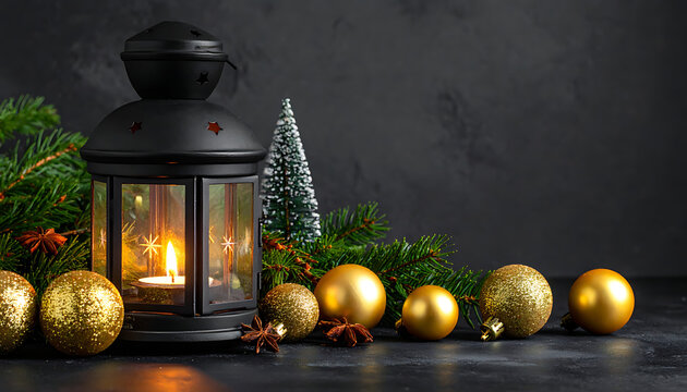 Black metal lantern glowing with warm light, surrounded by golden Christmas ornaments and fir branches, festive holiday atmosphere