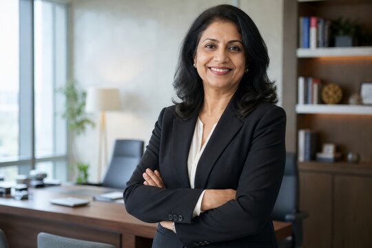 Confident, smiling indian woman in a black business suit stands with her arms crossed in a well-appointed office, exuding professionalism and success.