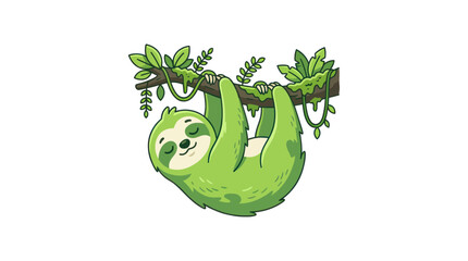 Cute green cartoon sloth hanging from a tree branch, relaxed and smiling © Andri