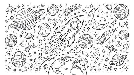 Doodle space elements: rocket, planets, stars, UFOs, earth, moon, comets © Andri