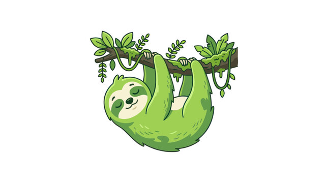 Cute green cartoon sloth hanging from a tree branch, relaxed and smiling