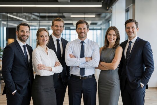 Diverse group of six business professionals in suits standing confidently together with arms crossed in a modern office setting.