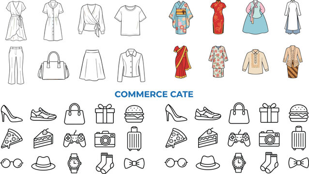 Vector set of e-commerce shopping icons featuring traditional Asian outfits, women fashion apparel, and retail category symbols.