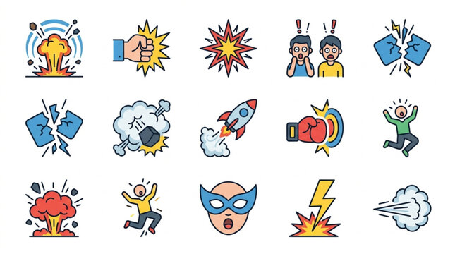 Collection of comic book style explosion and action icons.