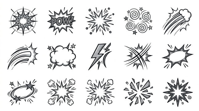 Collection of comic book style explosion and action sound effect icons.