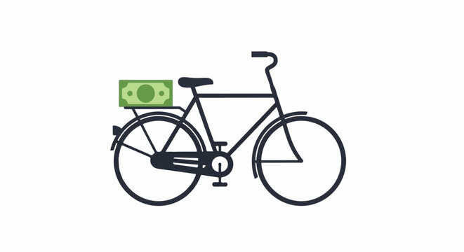 Black bicycle carrying large stack of money illustration.