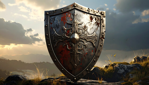 Ancient battle-worn shield with ornate cross emblem, medieval protection, defense, security, warrior heritage, rugged texture, dramatic sunset sky