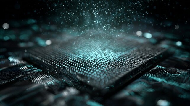 Macro view of a central processing unit microchip glowing with teal energy and upward floating digital data particles.
