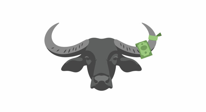 Illustrated buffalo head with green accent details.