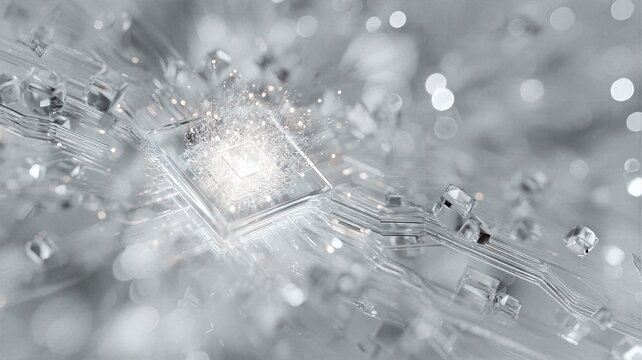 Bright white futuristic quantum microchip exploding with light rays and geometric glass particles on a high-tech circuit board.