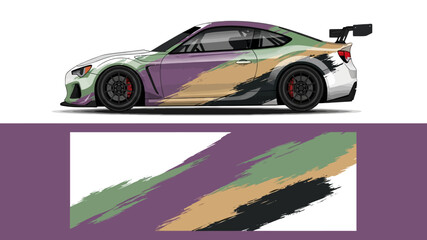 Fototapeta premium Sleek racecar profile with bold color swatches and abstract brush strokes.
