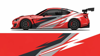 Fototapeta premium Red racing sports car with bold white and gray graphic livery in side profile.